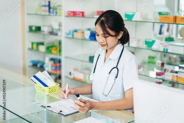 Obraz A nurse is writing on a clipboard in a pharmacy