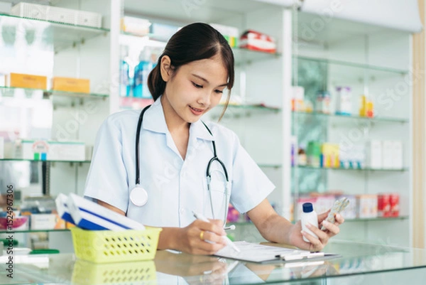 Obraz A woman doctor is writing on a clipboard while looking at her phone