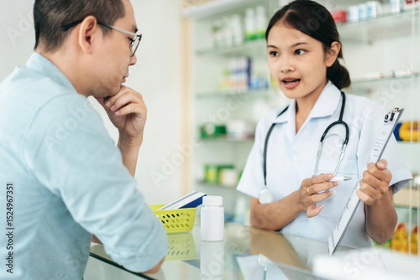 Obraz A woman is talking to a man in a pharmacy