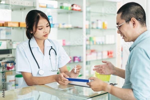 Obraz A woman and a man are talking in a pharmacy