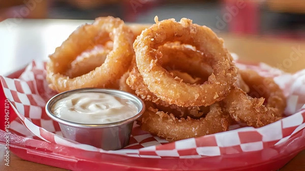 Fototapeta Crispy onion rings served on a red-checkered tray with a side of creamy dipping sauce.