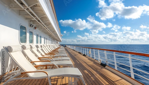 Obraz The expansive and pristine deck of a cruise ship, with rows of lounge chairs under a bright blue sky