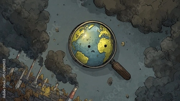 Obraz Conceptual Earth Under Magnifying Glass, Symbolizing Environmental Awareness and Pollution Concerns