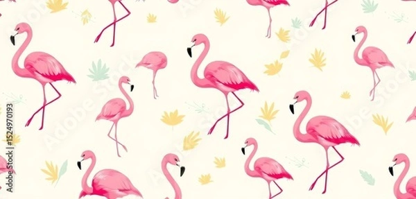 Fototapeta Cream background seamless pattern featuring pastel flamingo silhouettes, mustard and seafoam accents , tropical pattern, whimsical