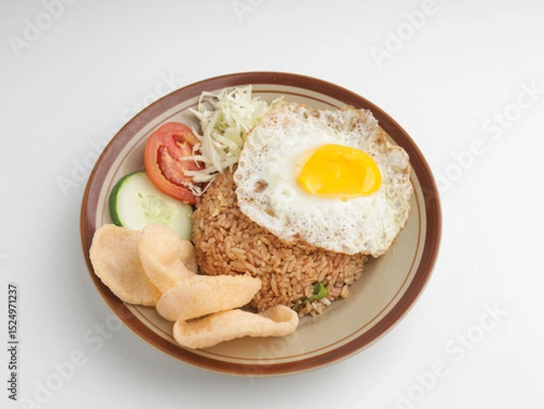 Fototapeta Fried rice with fried egg, vegetable salad and crackers on brown plate