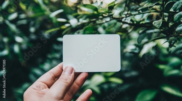 Fototapeta A hand displays a blank white card with rounded corners.