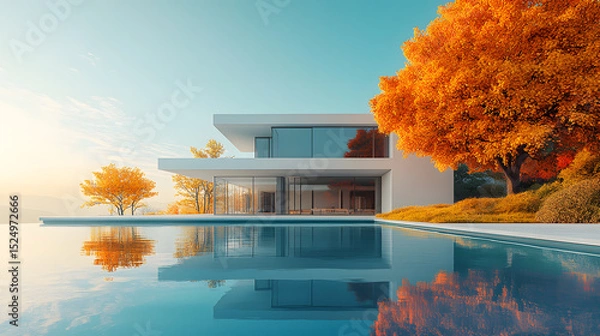 Fototapeta Luxury apartment building on the lake with a swimming pool and modern architecture in the autumn city