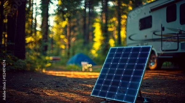 Fototapeta Portable solar panel showcased prominently in a serene forest.