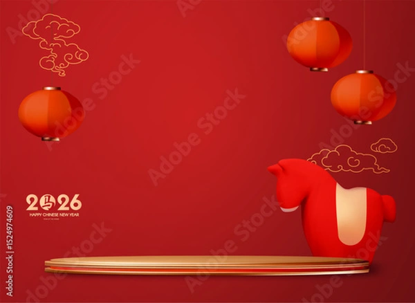 Fototapeta Happy 2026 Chinese New Year, Year of the Horse! Lunar calendar holiday 3D design with cute horse and empty scene. Chinese text means "Horse". Season offer