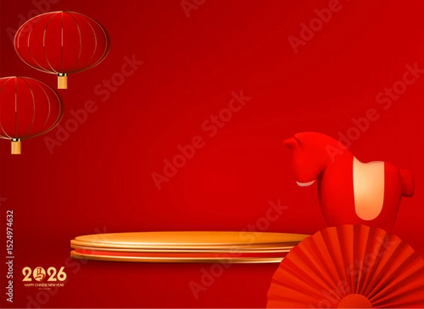 Fototapeta Happy 2026 Chinese New Year, Year of the Horse! Lunar calendar holiday 3D design with cute horse and empty scene. Chinese text means "Horse". Season offer