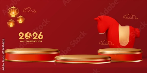 Fototapeta Happy 2026 Chinese New Year, Year of the Horse! Lunar calendar holiday 3D design with cute horse and empty scene. Chinese text means "Horse". Season offer