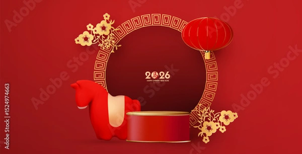 Fototapeta Happy 2026 Chinese New Year, Year of the Horse! Lunar calendar holiday 3D design with cute horse and empty scene. Chinese text means "Horse". Season offer