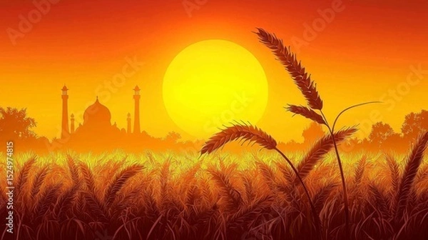 Fototapeta Scenic view of a wheat field bathed in sunrise light, celebrating Vaisakhi.