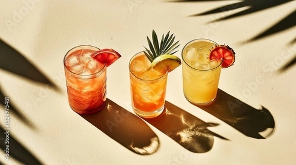 Fototapeta Refreshing drinks with ice cubes contrasting an off-white background.