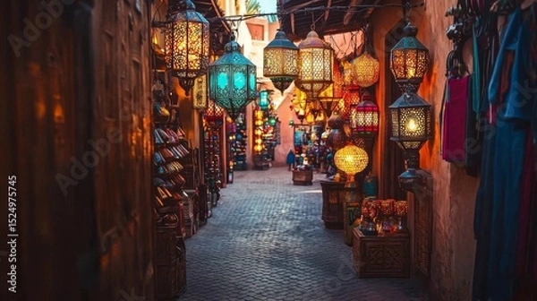 Fototapeta Vibrant Moroccan Lanterns Brighten Marrakech Souk 