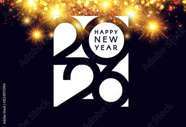 Fototapeta 2026 Happy New Year text with fir tree branches and snow. Holiday celebration banner.