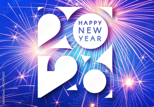 Fototapeta 2026 Happy New Year text with fir tree branches and snow. Holiday celebration banner.