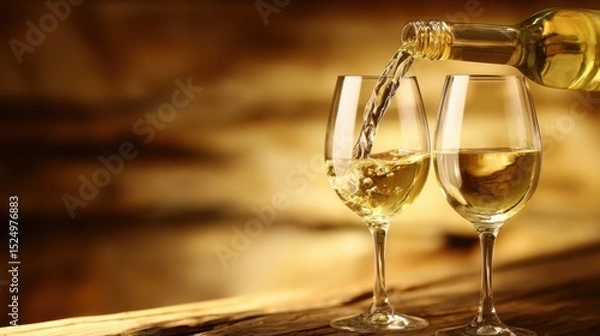 Fototapeta Two elegant wine glasses on a rustic wooden surface, pale-yellow white wine being poured from a bottle into the left glass, creating gentle ripples and a splash, right glass partially filled with the 