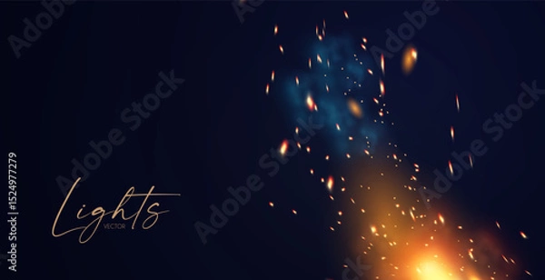 Fototapeta Fire and sparkles light effect with fog. Coal-fired forge. Abstract transparent light effect