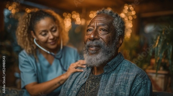 Obraz Professional Black nurse in light blue scrubs checking elderly Black man's vital signs in a cozy home setting with soft focus background for healthcare and senior care themes
