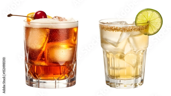 Fototapeta A bundle of Amaretto sour and Pisco sour cocktail PNGs, featuring a transparent isolated background. Great for mixology and bar menus, these vibrant, refreshing drinks are garnished to perfection.
