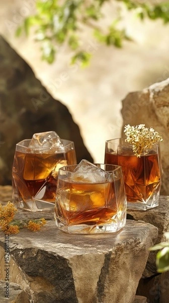 Obraz Elegant triangular glasses of tea cocktails with ice and floral garnishes on natural stone slabs in soft beige and gray tones