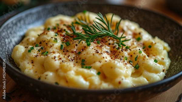 Obraz Creamy cheese gnocchi dish with rosemary, garnished with chives, on a dark plate, wooden table background