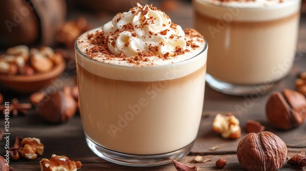 Obraz Creamy nut latte with whipped cream, chocolate, nuts on rustic wood table