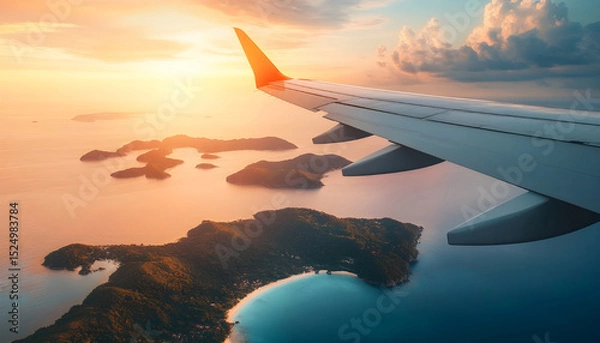 Obraz Airplane wing flying plane jet over tropical islands in ocean, view from window at sunset in summer