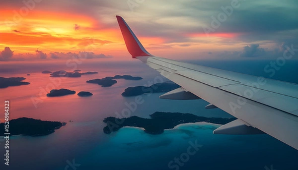 Obraz Airplane wing flying plane jet over tropical islands in ocean, view from window at sunset in summer