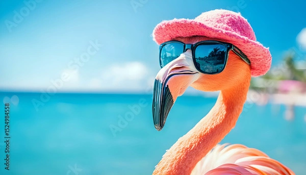 Obraz flamingo in glasses and a hat on holiday by the sea