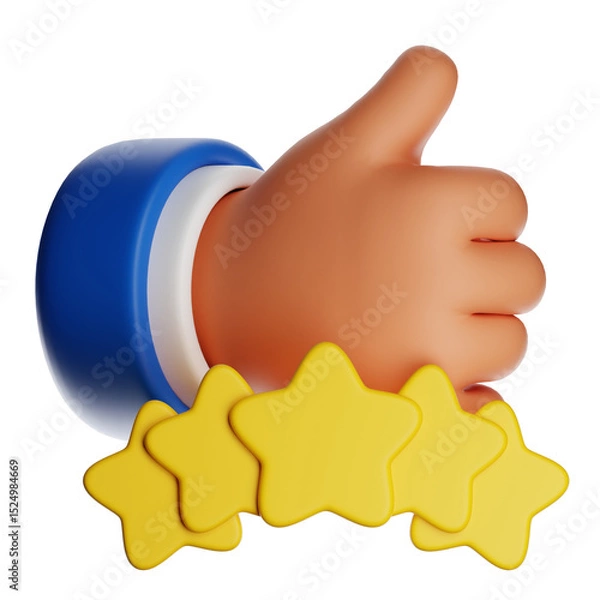Fototapeta Cartoon hand showing thumb up with five star rating on transparent background