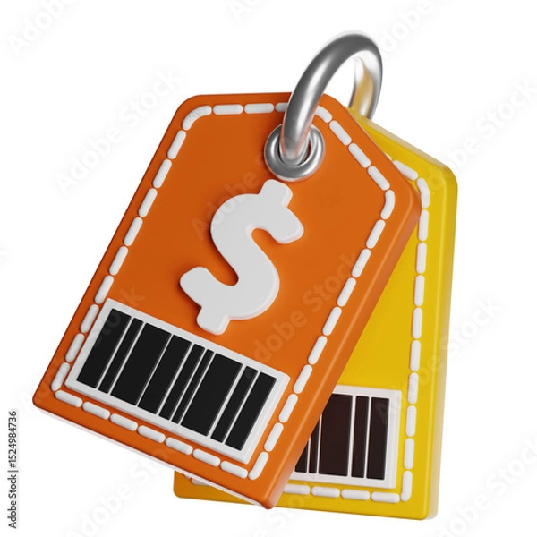 Obraz Two price tags with dollar symbol and barcode showing discounts and savings on transparent background