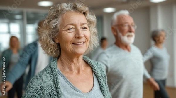 Fototapeta Seniors exercising together in a retirement center, minimalist interior with clean lines and ample copy space for health and wellness content