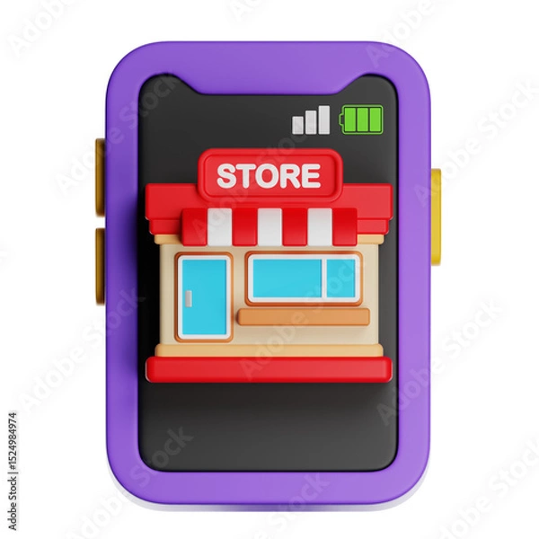 Fototapeta Online store building on smartphone screen with full battery indicator: embracing mobile commerce