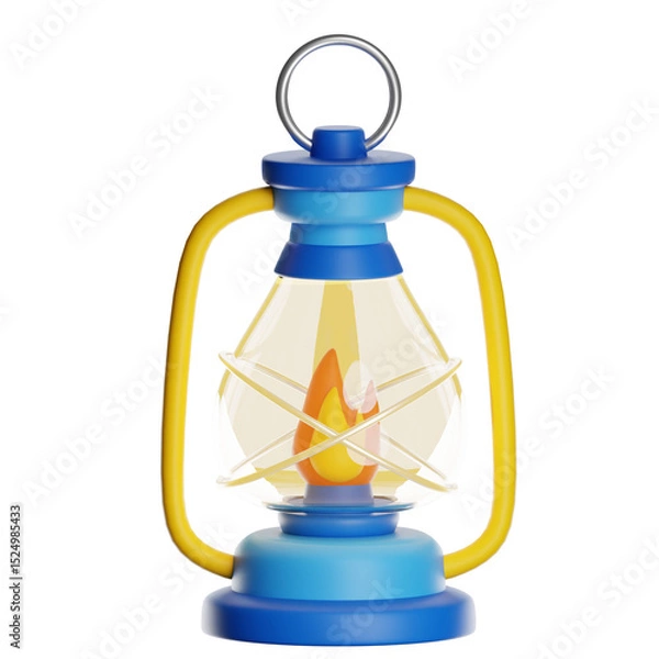 Obraz Blue and yellow camping lantern burning with transparent background
