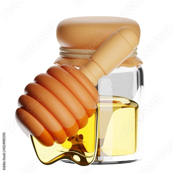 Obraz Honey dripping from wooden dipper into glass jar on transparent background
