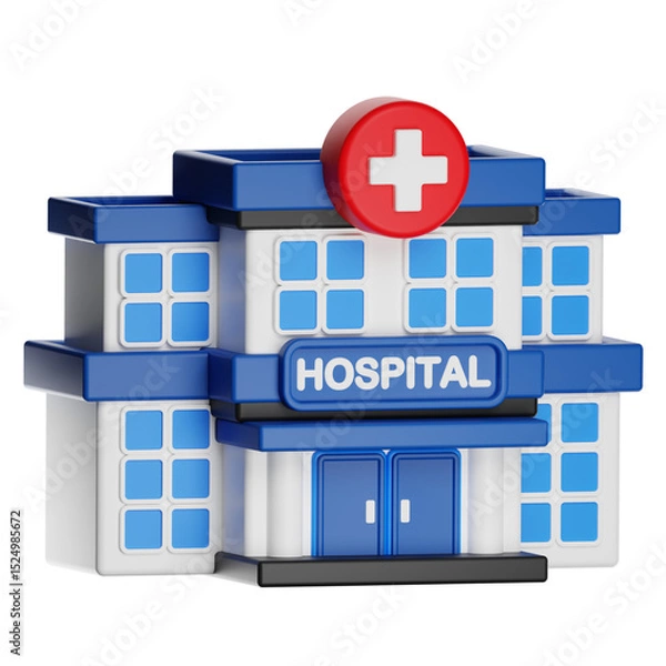 Obraz Hospital building with red cross symbol providing healthcare services on transparent background