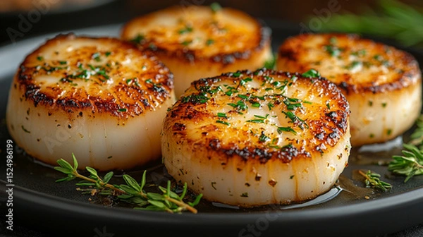 Obraz Crispy pan-seared scallops on dark plate, herbs in background