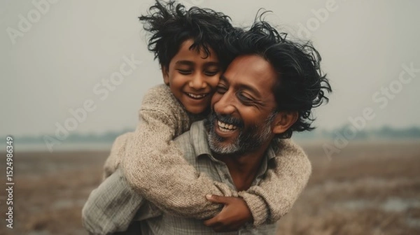 Obraz Happy Smiling Indian Father Giving Son a Ride on Back with Soft Natural Lighting