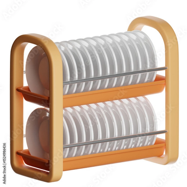 Obraz Orange dish drying rack holding clean white plates on transparent background