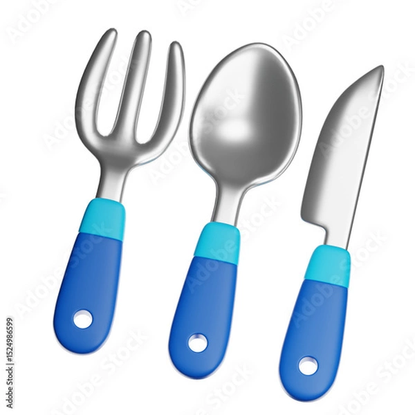 Obraz Fork, spoon, and knife cutlery set with blue handles on transparent background