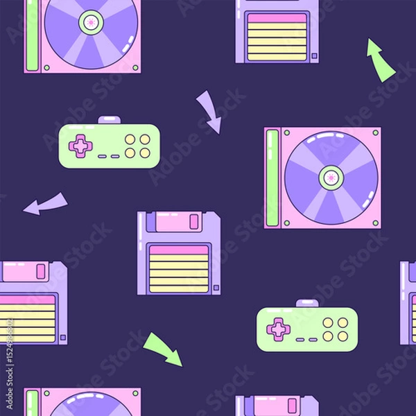 Obraz Seamless pattern with floppy disk and gamepad. Multicolored elements on dark background. Retro illustration with outline in 90s style. Vector illustration.