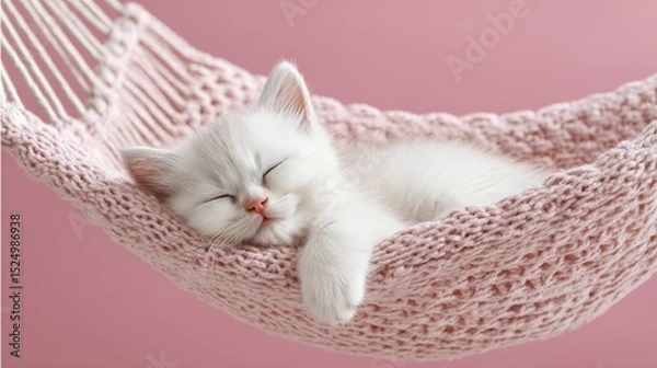 Fototapeta A white kitten sleeping gently on a pastel pink hammock, wrapped in softness and charm