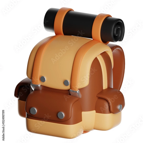 Fototapeta 3d backpack with sleeping bag ready for camping adventure on transparent background