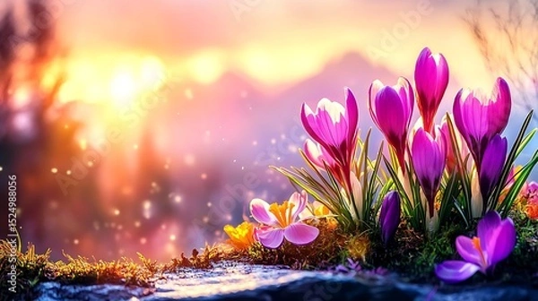 Fototapeta Vibrant crocuses bloom against a dreamy sunset with sparkling light effects.
