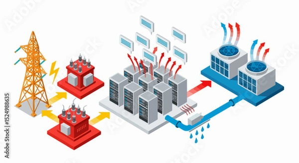 Fototapeta Isometric Data Center Power and Cooling System Workflow Illustration