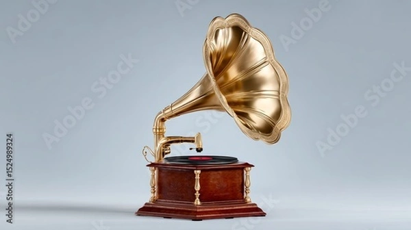 Fototapeta Gold record player with a red record on it. The record player is sitting on a wooden base