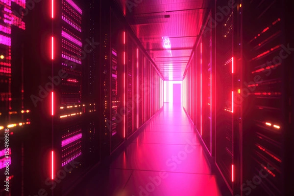 Fototapeta Futuristic data center glows, powerful servers humming with quiet confidence