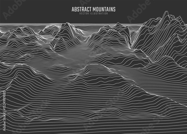 Fototapeta Contour mountain landscape. Waved line art. Abstract minimal topographic map. Contour lines with elevations and terrain depth. Vector illustration.